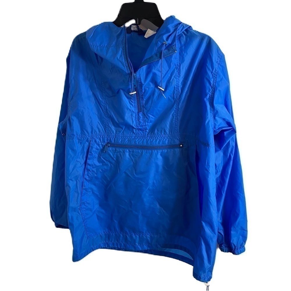 Vintage Lands End Blue Windbreaker Large Poncho Rain Coat Hooded Zipper Pouch